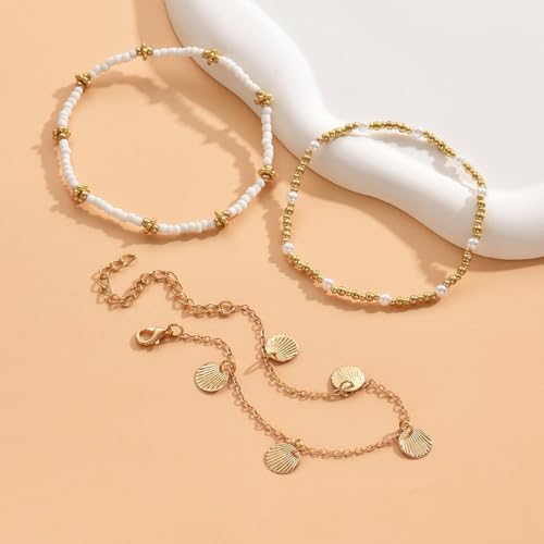 Stack Anklets Ankle Bracelets for Women Adjustable Waterproof Beach Jewelry Set Boho Gold Seashell Bead Surf Foot Chain Summer Gifts - color: 3pcs-White