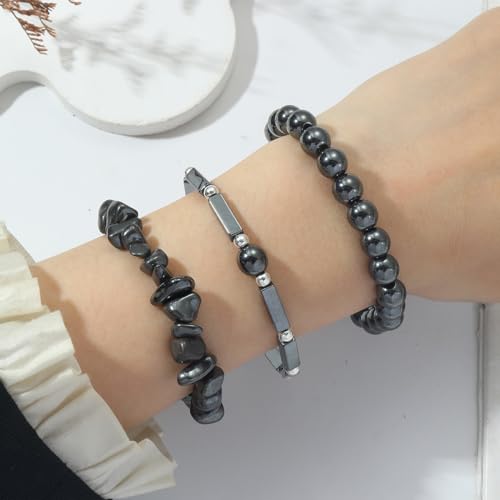 3Pcs Natural Stone Bracelets for Women 8mm Crystal Beaded Bracelets Handmade Stretch Bracelet Healing Crystal Jewelry for Women - style: Hematite