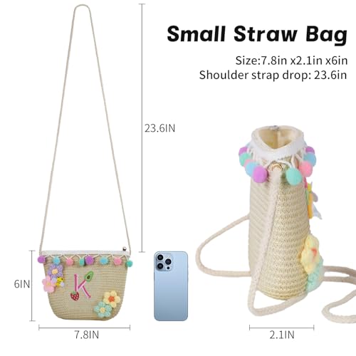 Letter Small Woven Straw Summer Beach Tote Bag for Women 2025,Woven Straw Beach Purse Shoulder Crossbody Bag for Women 2025 - color: Brown K