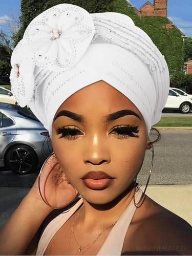 Woeoe Beanie Cap Head Wrap Black Rhinestones Head Scarf Flower Pearls Twisted Head Turban for Women Girls - color: White