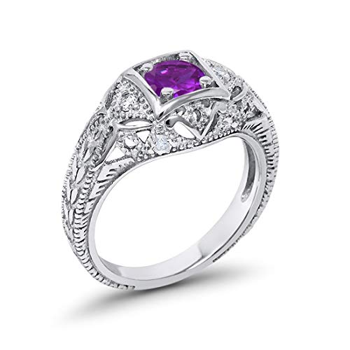Blue Apple Co. Art Deco Ring Round Cubic Zirconia Leaf Filigree Design Split Shank Twisted Band Bridal Statement Wedding Engagement Rings For Women 925 Sterling Silver Gifts For Her - color: Simulated Amethyst