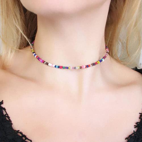 Roe Dolph Colorful Beaded Necklaces for Women Boho Beaded Necklace Beach Surfer Jewelry Handmade White Pink Blue Beads Summer Outfits Accessories - color: B4-Color Beaded Necklace