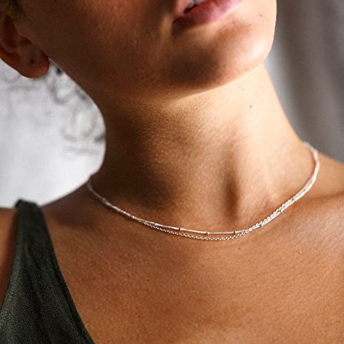 CHESKY 14k Gold Plated/Silver Plated Dainty Necklace for Women, Trendy Satellite Choker Necklace Thin Beaded Layered Choker Necklaces Discs Paperclip Chain Necklaces Womens Simple Jewelry - style: Layered Satellite-Silver