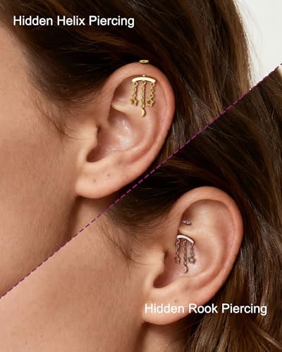 Crescent Moon Star Chain Vertical Hidden Helix Stud Earrings Dangle 316L Stainless Steel Flat Back Threadless Push-Pin Cartilage Rook Piercing Jewelry - color: gold
