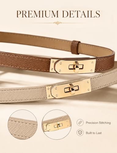 BEMYLV Skinny Belts for Women Dresses Turn-Lock Gold Buckle Adjustable Fashion Waist Belt for Pants Jeans Business Casual - color: Brown+light Khaki