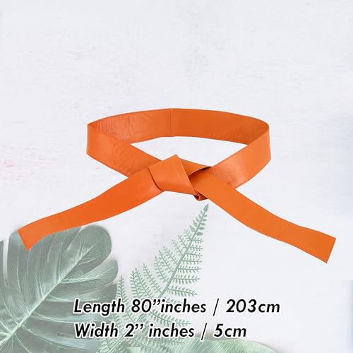 Woman's Obi Sash Tie Plus Size Waist Band Wide Solid Color Genuine Leather Belt - color: Orange