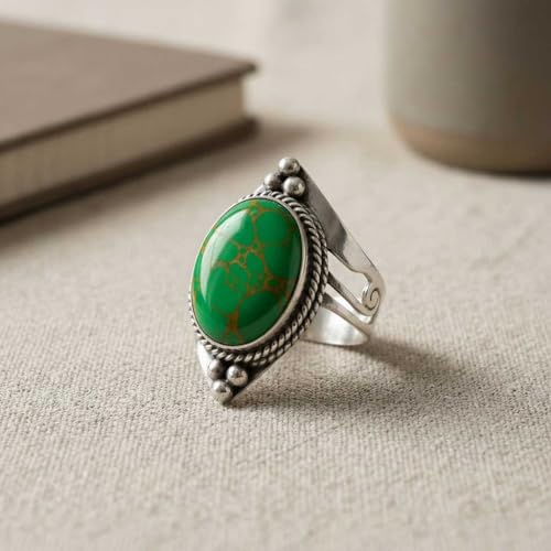 Handmade 925 Sterling Silver Plated Ring Natural Gemstone Carnelian, Rose Quartz, Tiger Eye, Crystal Oval Boho Jewelry For Women - color: Copper Green Turquoise