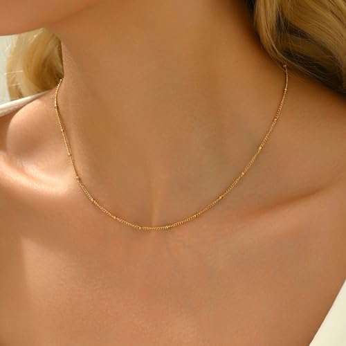 NONAMOIS Gold Chain Necklace for Women Dainty 18K Gold Plated Thin Satellite Beaded Turquoise Necklace Simple Layered Boho Jewelry Christmas Gifts - color: Satellite-Gold