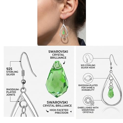 Rhodium Plate 925 Sterling Silver Hook Twist Leaf Holiday Hypoallergenic Dangle Earrings for Women Gifts Engagement Wedding with Austrian Daiamond Cut Waterdrop Crystal Hight Polished Long :1.9 IN - color: waterdrop green