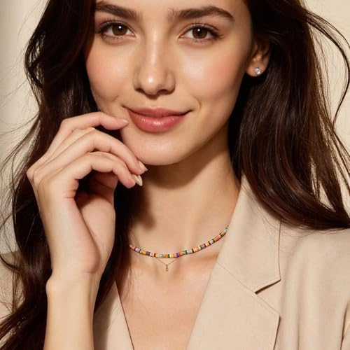 Beaded Gemstone Necklaces for Women Colorful Boho Choker Necklace Beauty And Spirit For Women (blue-silver) - color: mix-pink