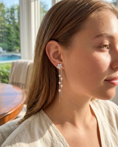 MUMREUES Gold Earrings for Women Trendy 14k Gold Plated Cubic Zirconia Flower Dangle Earrings Hypoallergenic Dainty Pearl Drop Chain Earrings Jewelry Gifts for Her - color: Flower & Silver