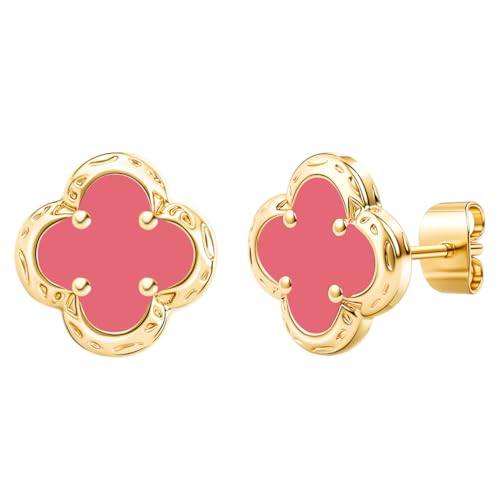 Elegant Black Onyx Clover Stud Earrings, 14K Gold Plated Four Leaf Hypoallergeinc Stud Stainless Steel Flower Earring Lucky Simple Jewelry Gift for Women Shiny Multiple Onyx Colors - color: Pink Clover Stud Earrings