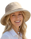 FURTALK Sun Hats for Women Wide Brim Ponytail Beach Sun Protection Hat with Fold-Up Brim Bucket Hat - color: Light Khaki