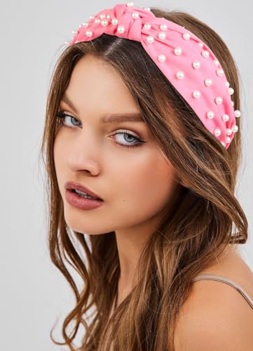 Huachi Hot Pink Headbands for Women Girls, 4 Packs Cute Flower Printed Knotted Head Bands for Women’ s Hair, Non Slip Fashion Wide Top Knot Womens Hairbands, Girls Pink Trendy Stuff Hair Accessories
