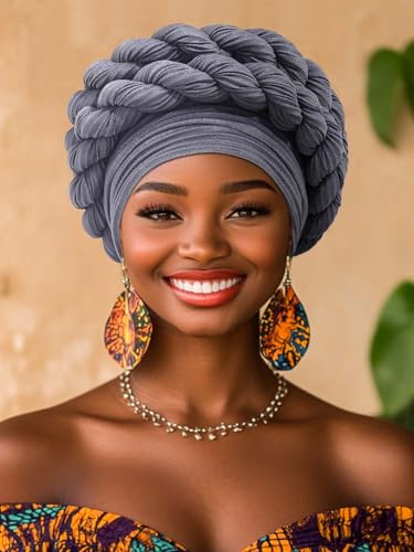 Woeoe Women African Turbans Pre-Tied Twisted Grey Hat Rhinestone Stretchy Head Wrap for Church Party - color: Grey