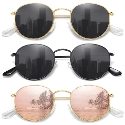 MEETSUN Round Polarized Sunglasses for Women Men Classic Retro Metal Frame Sun Glasses UV Protection - color: (3 Pack) Gold/Grey + Black/Grey + Gold/Pink