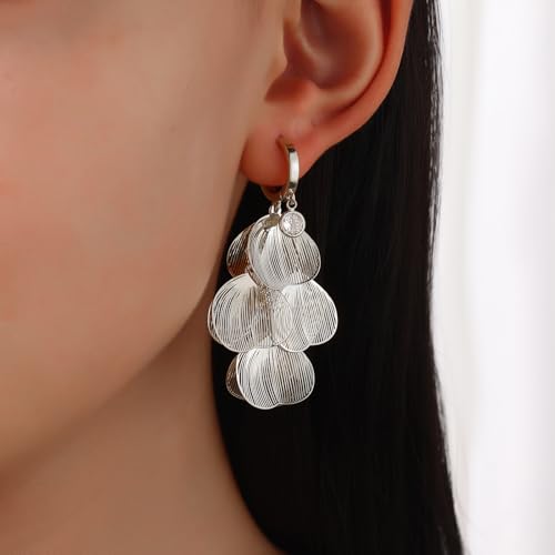 Boho Flower Layered Floral Leaf Drop Dangle Earring For Women,Metal CZ Gold Lightweight Flower Bohemian Gold Petal Exaggerated Jewelry Earrings For Women Brides Party Prom Wedding - color: White Gold