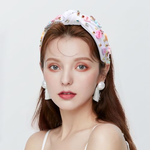 WantGor Pearl Knotted Headband, Women Rhinestone Embellished Hairband Elegant Wide Top Knot Bride Headbands Headpieces Party Fashion Elegant Ladies Hair Band Hair Hoop Accessories (Valentine White) - color: Valentine White