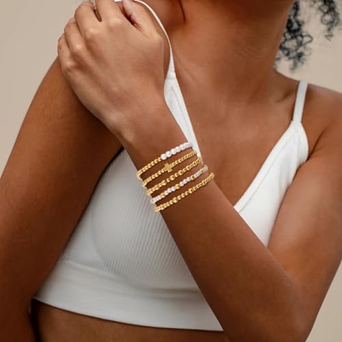 VIBILIA Gold Beaded Bracelets Set for Women 14K Gold Plated Dainty Pearl Cross Bracelet Stack Stretch Bracelet Set Fashion Accessories Gifts - color: 5P-FZZ-White