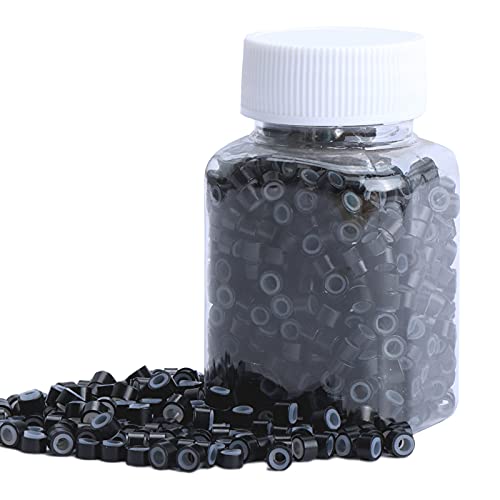 NIACONN 1000pcs 5 mm Tinsel Hair Extensions Beads, Silicone Lined Ring Micro Link I-tip Beads for Hair Extension - Black - color: Black, size: 5mm