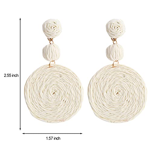Boho Raffia Ball Earrings for Women, Handmade Statement Drop Earrings Straw Dangle Earrings Beach Vacation Jewelry - color: Beige