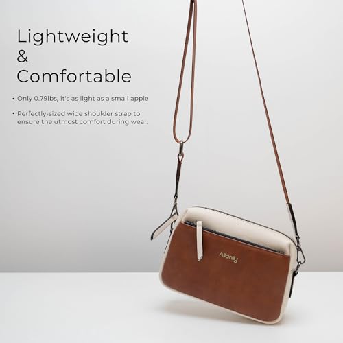 Alldaily Small Triple Zip Crossbody Purse for Women, Vegan Leather Phone Bag with Wide Shoulder Strap - color: Brown & White & White