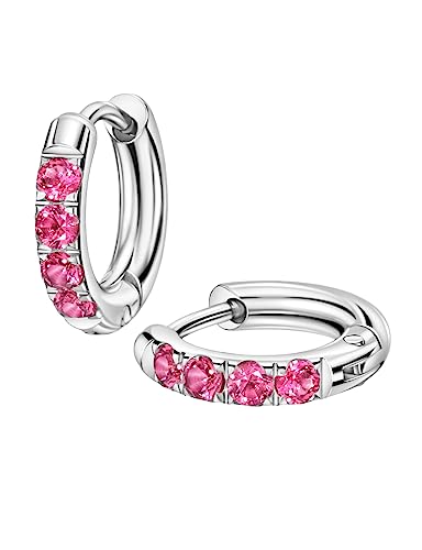 316L Surgical Stainless Steel Huggie Hoop Earrings with Cubic Zirconia, 10G 12G 14G 8-20mm Cartilage Lobe Earrings, 14G Piercing Jewelry - style: 10G 8mm Silver with Pink CZ