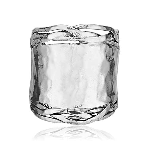 JEAN RACHEL JEWELRY 925 Sterling Silver Ring - Wide with Hammered Finish Vintage Design - Hypoallergenic, Lead & Nickel Free Jewelry - Artisan Handcrafted Statement Rings for Women