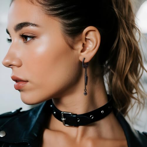 Sonateomber Gothic Silver Black Small Hoop Earrings for Women Men, Punk Hip Hop Engrave Beaded Goth Dangle Drop Earings Halloween Costumes Accessories Prom Fashion Jewelry Gift - color: Black Spike