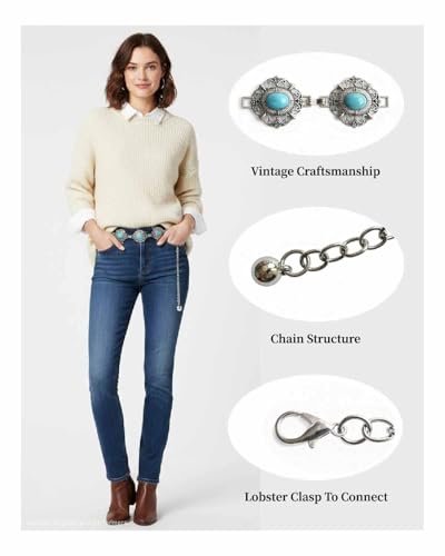 Women’s Bohemian Waist Chain, Vintage Adjustable Belly Chain for Dress Jeans Country Concert Outfit - color: Flower Silver, size: Fit Waist up to 38''