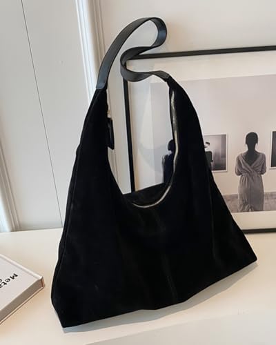 Womens Fashion Suede Shoulder Bags Large Tote Bag Retro Purse Handbag Casual Work Ladies Top Handle Satchel - color: B-black1