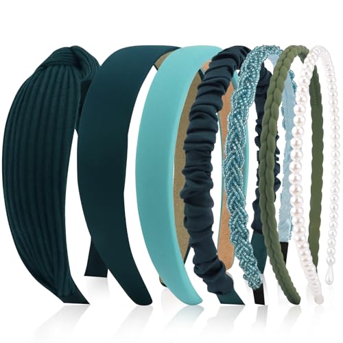 VELSCRUN Headbands for Women 7 Pcs Different Forest Green Knotted Solid Pearl Head Bands Non Slip Hair Band for Womens Gilrs Thin Thick Short Hair Fashion Accessories - color: Forest Green