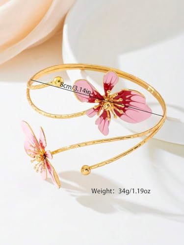 Flower Arm Cuff for Women Floral Upper Arm Bracelet Pink Flower Jewelry Gold Tone Adjustable Upper Arm Cuff Jewelry for Party and Daily Wear