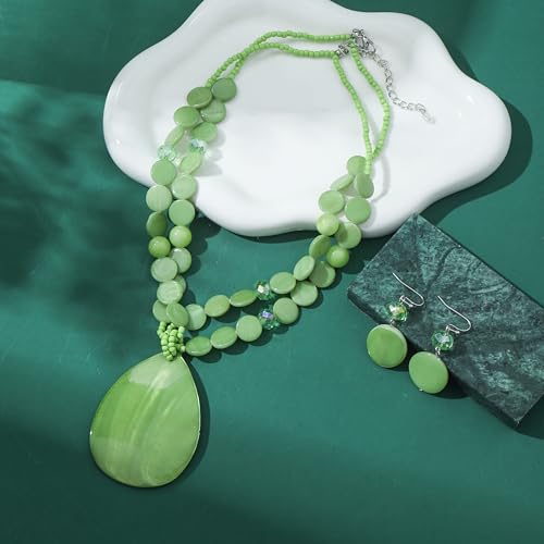 Big Teardrop Pendant Necklaces for Women Colorful Beaded Necklaces Statement Set for Holiday. - color: Green