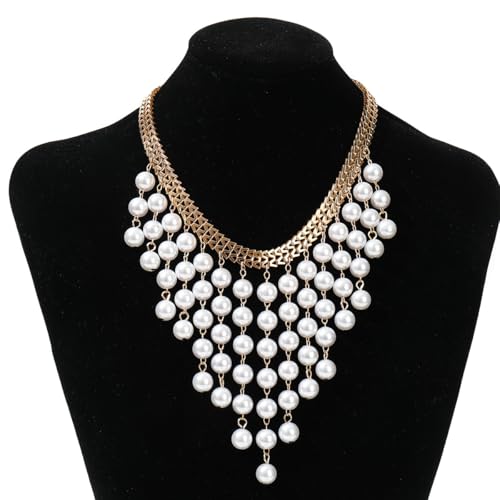 Chunky Gold Pearl Tassel Necklace Layered Pearls Cluster Beaded Choker Necklace Pearls Sweater Chain Statement Necklaces Fashion Jewelry Accessories for Women