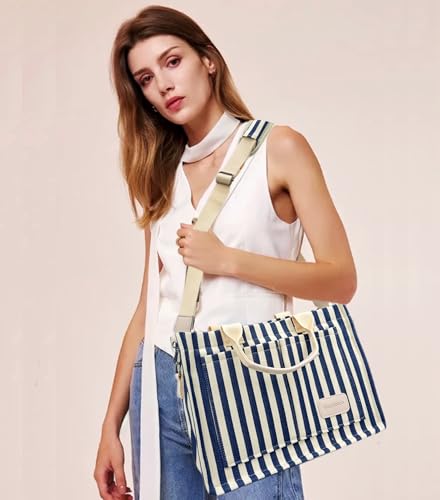 Large Canvas Tote Bag for Women Work Tote Bags with Pockets Laptop Crossbody Purses Everyday Bag Handbags for Travel - color: New Upgrade Plus Blue Stripe