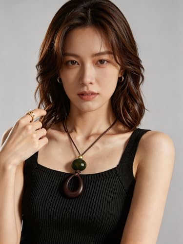 Kelake Leather Necklace for Women Men Teen Vinatge Boho Alloy Pendant Choker Jewelry Fashion Sweater Necklaces with Adjustable Genuine Leather Chain - color: Jade Bead Teardrop Wood Pendant