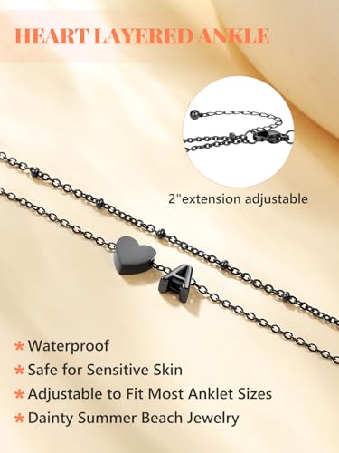 Silvora Ankle Bracelets for Women Waterproof 14K Gold/Silver/Black Initial Anklet for Women Dainty Layered Heart Ankle Bracelets Stainless Steel Adjustable Foot Chain Anklet Summer Beach Jewelry - color: Black-Stainless Steel, size: 23.W