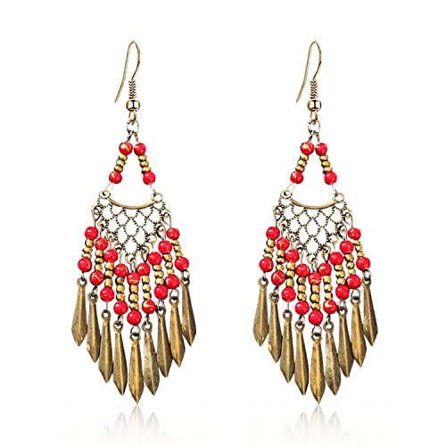 Handmade Vintage Bronze Bohemian Long Tassel Colorful Bead Dangle Drop Earrings Big Tribal Chandelier Geometry Hook Earrings for Women Statement Jewelry Gifts - color: Red