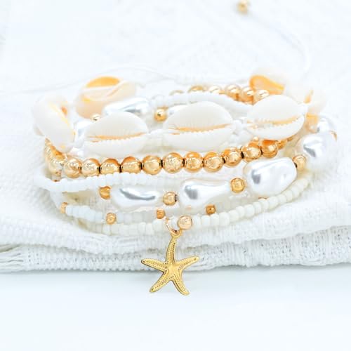 Beach Bracelets for Women Bohemian Stackable Heishi Surfer Bracelet Set Elastic Seashell Starfish Boho Friendship Bracelets for Summer Beach Party Holiday Vacation Jewelry - color: 7PCS-Gold Starfish/Big Pearl
