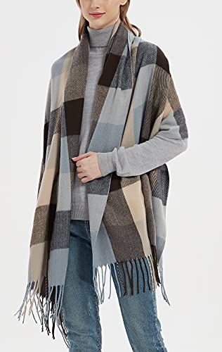 Wander Agio Women's Fashion Long Shawl Big Grid Winter Warm Lattice Large Scarf - color: Blue Brown 9