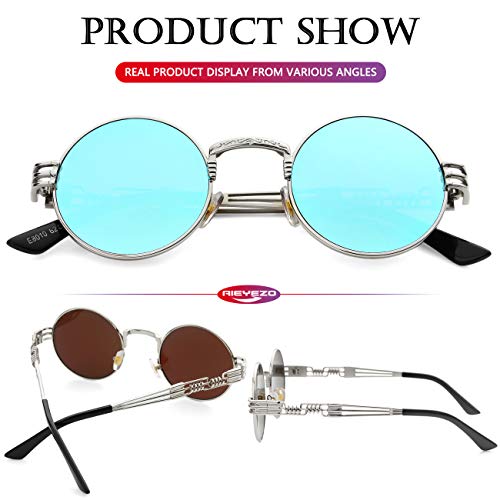 AIEYEZO Round Steampunk Sunglasses for Men Women Retro Circle Hippie Glasses Metal Frame 100% UV Blocking Lens - color: Silver/Ice Blue Mirror