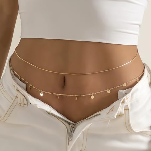14K Gold Plated Waist Chain for Women, 2Pcs Adjustable Pearl Beads Body Chain, Sexy Layered Summer Beach Bikini Belly Jewelry Accessories - style: Chain&Sequins