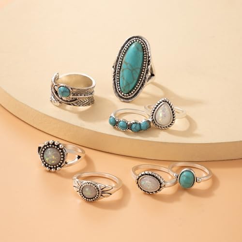 Western Rings Set for Women Red Boho Turquoise Ring Vintage Stackable Knuckle Rings Bohemian Cowboy Cowgirl Jewelry Country Concert Outfits - color: turquoise B