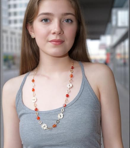 Long Gold Necklaces for Women Dainty Natural Stone Beaded Gold Necklace Mothers Day Gifts Boho Gold Costume Jewelry for Women - color: Red Agate