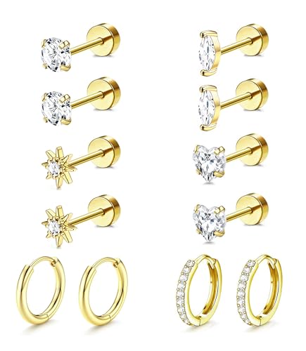 Incaton Hypoallergenic Flat Back Earrings for Women Silver 14K Gold Plated Surgical Stainless Steel Stud Earrings Cubic Zirconia Cartilage Studs Earrings For Multiple Piercing Sensitive Ears - color: K-Gold