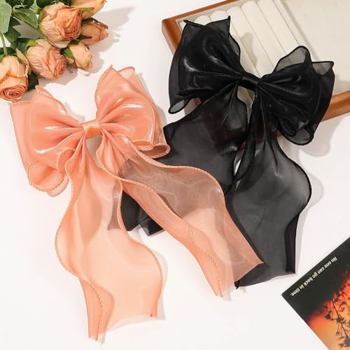 Large Hair Bow Clips for Women, Pink Bow Hair Barrettes with Long Tail French Hair Ribbon Clips Hair Accessories for Girls (Orange) - color: Orange