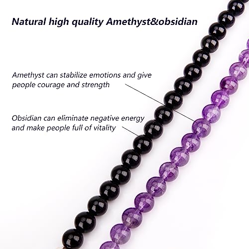 108 Mala Beads Necklace 7 Chakra Buddhist Prayer Beaded Bracelet Tree of Life Pendant Stone Yoga Necklace - color: Amethyst-Obsidian