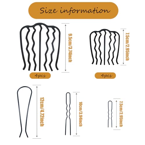 11 Pieces Hair Side Combs Metal Hair Fork Clip French Twist Comb Updo Hair Stick, U-Shape Teeth Styling Tools Messy Bun Maker Vintage Hairstyle Hair Pins Hair Accessories for Women and Girls - color: Black