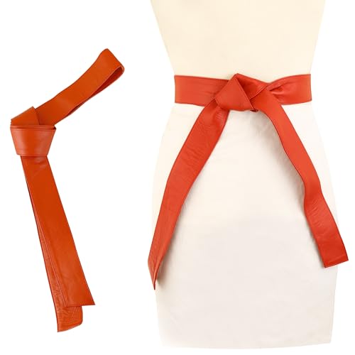 Woman's Obi Sash Tie Plus Size Waist Band Wide Solid Color Genuine Leather Belt - color: Red